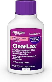 Amazon Basic Care ClearLax, Polyethylene Glycol 3350 Powder for Solution, Osmotic Laxative, Unflavored, 8.3 ounce (Pack of 1)