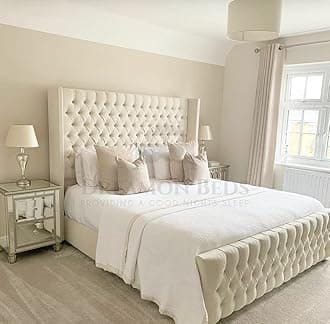 Wingback Bed Frame Double King Size Super King 72 Inch Headboard Height (Black Plush, 5ft King Size)