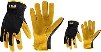 HANDLANDY Work Gloves for Men Women, Utility Leather Gardening Gloves - Safety Working Gloves Cowhide Dexterity & Breathable Design (L, Yellow-Men Size（2 Pairs）)