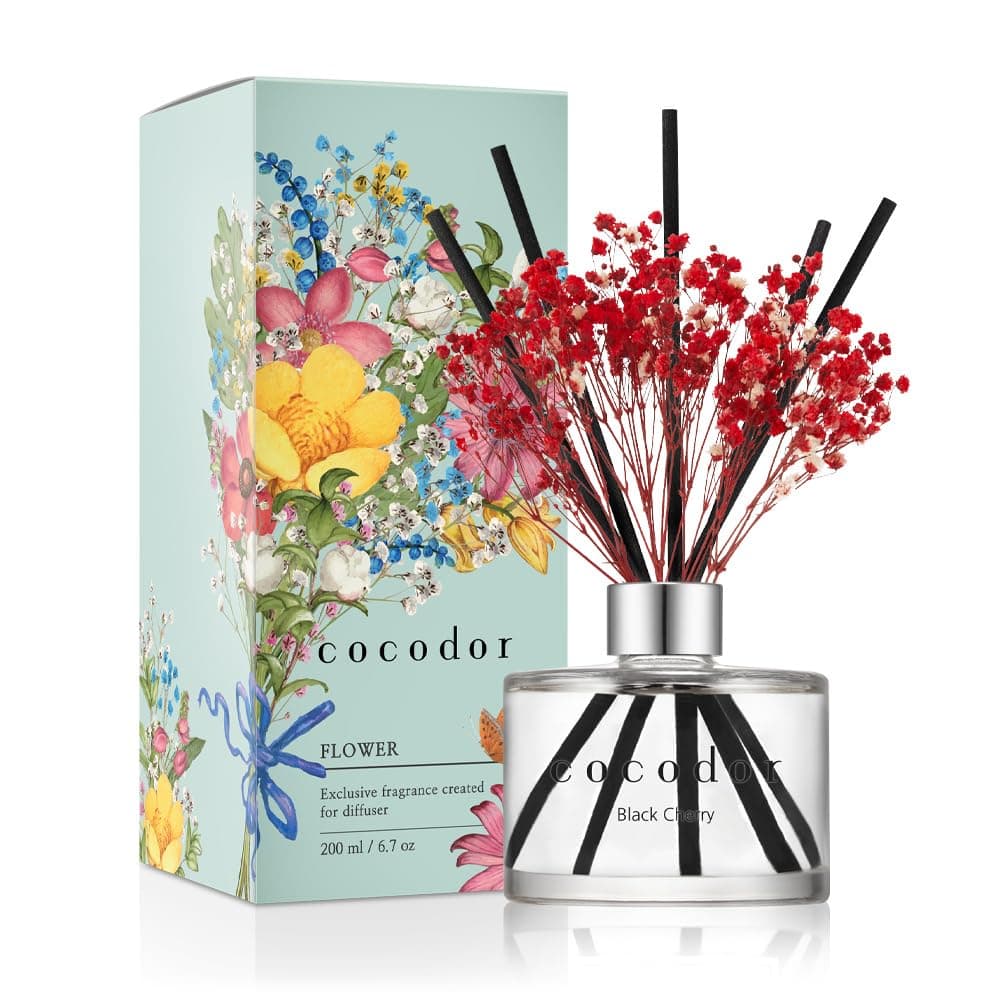[COCODOR/Black Cherry] Flower Reed diffusers Oil with a Set of 5 Fiber Sticks, 200ml, Best for Home, Kitchen, Bathroom. Diffusers with sticks