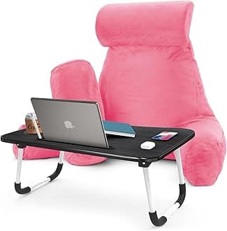 Nestl Reading Pillow with Portable Laptop Lap Desk - Shredded Memory Foam Back Support Pillow for Sitting Up in Bed and Couch Rest Pillows with Arms, Bed Tray Table with Foldable Legs, Light Pink