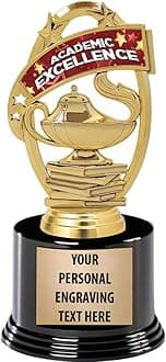 Crown Awards Academic Excellence Trophies with Custom Engraving, 7.25" Personalized Academic Excellence Trophy On Deluxe Round Base Prime