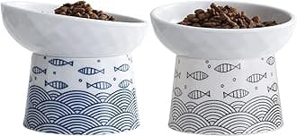 TAMAYKIM Tilted Ceramic Elevated Cat Bowls, Food and Water Raised Bowl Set for Kitty Cats and Small Dogs, Porcelain Stress Free Feeding Pet Bowl Dish, Black & Blue , Set of 2