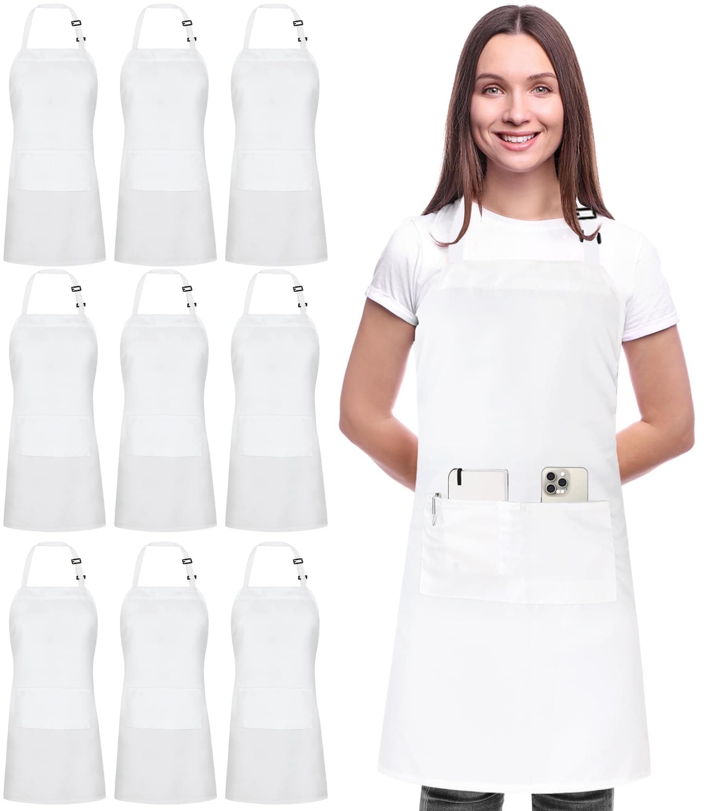 Utopia Kitchen 10 Pack Bib Apron Adjustable with 2 Pockets, Water and Oil Resistant, Cooking Kitchen Chef Apron for Women Men