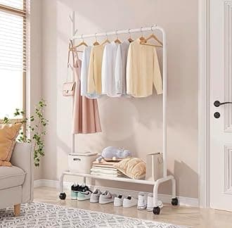 Lukzer | MGR-007 | White | Heavy-Duty Single Pole Metal Garment Stand with Wheels & Bottom Shelf – Portable Clothes Rack & Storage Organizer for Bedroom, Hallway, Laundry Room | 34 x 110 x 172 cm