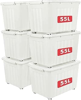 Cetomo 55L*6 Storage Boxes with Lids, Plastic Storage Box with Wheels and Secure Side Latches, Stackable & Nestable Organizer for Home, Office, Moving, PP, White, 55L-6 Pack