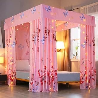 Mengersi Princess Butterfly Canopy Bed Curtains for Girls Pink Bed Drapes Curtains Room Decor Twin Size