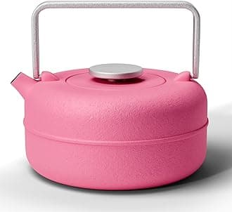 Toptier Teapot with Removable Infuser, Cast Iron Tea Kettle Stovetop Safe, Solid Geometry Cylinder Design Tea Pot Coated with Enameled Interior for 27 Ounce (800 ml), Rose Red