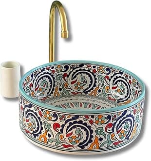 Handmade Countertop Ceramic Wash Basin Sink, Floral Sink Bowl, Hand Painted Above Counter Vanity Vessel Sink, Farmhouse Bathroom Ceramic Basin with 2 Gifts (16"= 40cm)