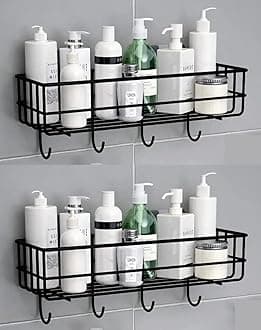 Bathroom Rack/Shelves - Kitchen Storage Self Adhesive Bathroom Shelf and Shampoo Holder with 4 Hook Adhesive Shower Caddy Metal Shelf (Pack of 2, Black)