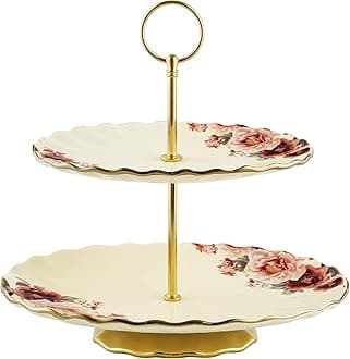 fanquare 2 Tier Vintage Porcelain Cupcake Stand, White High Tea Stand with Gold Trim, Floral Dessert Stand for Birthday Party, Wedding