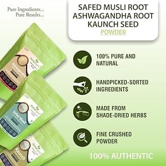 Herbal Spirit Safed Musli Powder, Ashwagandha Powder Organic and Kaunch Beej Powder | Safed Musli Root or White Musli Powder, Konch Beej Powder, Ashwagandha Root Powder | 100gm each (Pack of 3)