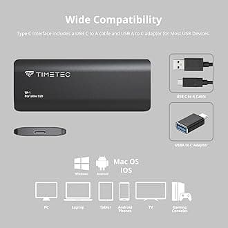 Timetec 256GB Portable External SSD USB3.2 Gen2 Type C Up to 550MB/s Ultra-Light Aluminum Mini External Solid State Drive with USB C to A Cable/USB A to C adapter for Desktops/Laptop/Mac/Mobile- Black