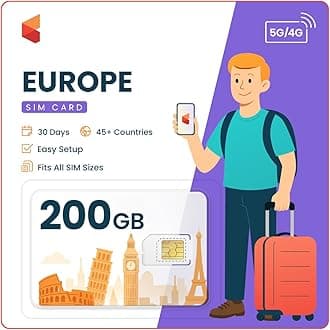 SimCorner Europe & UK Prepaid SIM Card - 200GB Data for 30 Days, No Daily Limit - Use in 50 Countries - Easy Activation, 3-in-1 SIM for Phones, iPads, & Tablets