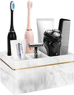 Luxspire Toothbrush Holders, Resin Electric Toothbrush Toothpaste Holder Stand Caddy, 5 Slots Bathroom Vanity Countertop Storage Organizer Accessories for Razor Comb Makeup Brush, Gravel White