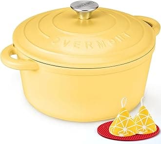 Overmont 26cm/5.2L Enamelled Cast Iron Round Casserole Dish With Lid,5.5QT, Cookbook -Non-stick Dutch Oven for Braising, Stews, Roasting, Bread Baking - Goose yellow
