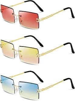 Weewooday 3 Pairs Rimless Rectangle Sunglasses Tinted Frameless Eyewear Vintage Transparent Rectangle Y2k