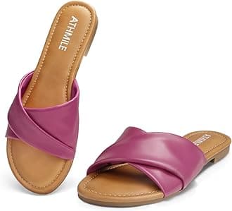 ATHMILE Sandals Women Dressy Summer Flat Comfortable Fashion Beach Cute Ladies Slides Leather Casual Dress Women's Sandals 2025 Size 6-11