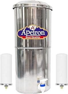 Apeiron Stainless Steel Non-Electric Water Filter with 2 Ceramic Candle with Brass Knob 21 Liter Capacity