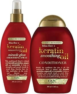 Frizz-Free + Keratin Smoothing Oil Conditioner, 5 in 1, for Frizzy Hair, Shiny Hair with Frizz-Free + Keratin Smoothing Oil Miracle Gloss Spray, 5 in 1, De-frizz Hair, Shiny Hair, Keratin, Argan Oil