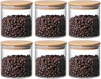 Jinelza 685ML Round Borosilicate Glass Jar With Wooden Lid Storage Container with Airtight Bamboo Lid Food Storage Containers For Coffee, Flour, Sugar, Candy, Spice Storage Jar (685ML JARS, 6 PCS)
