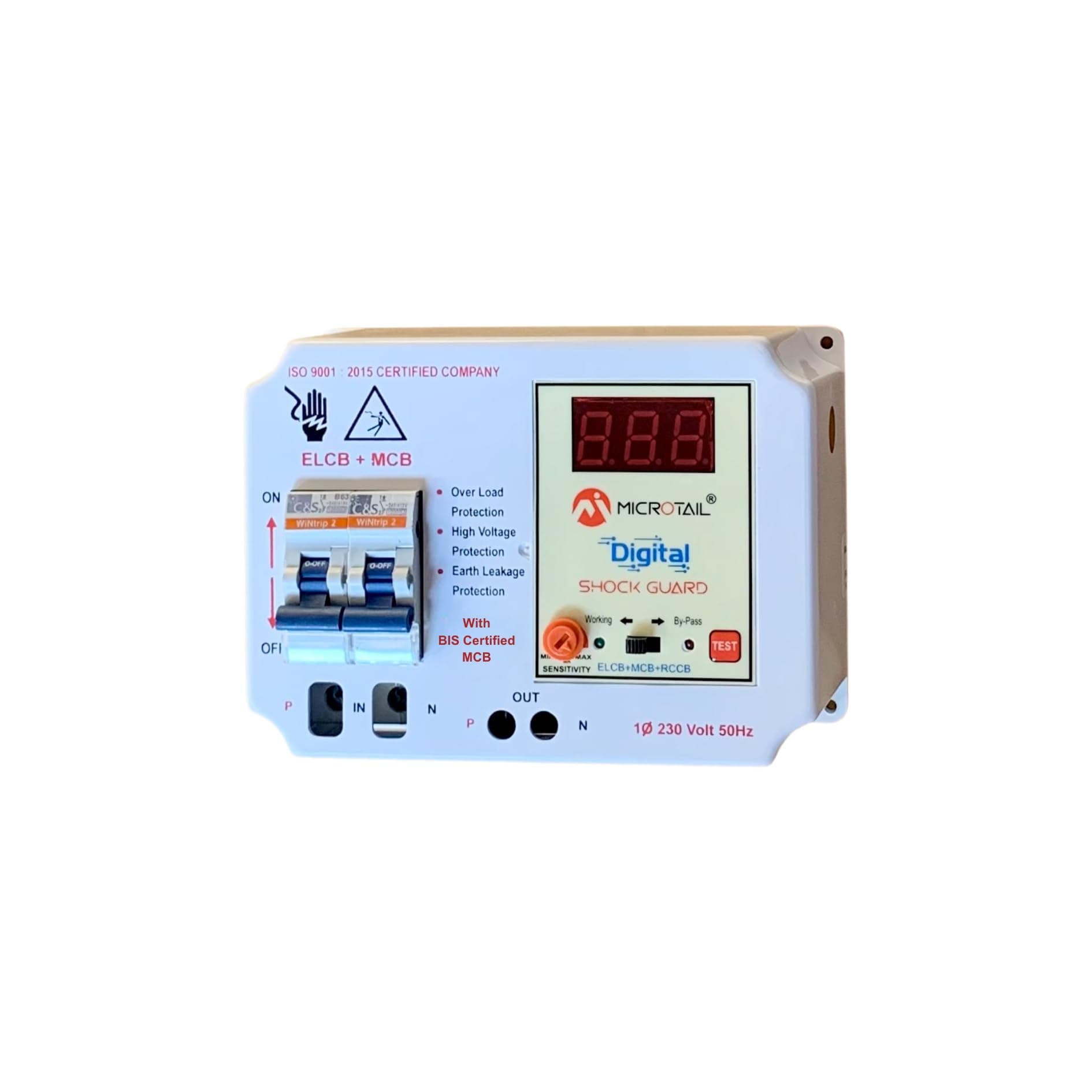 Microtail Digital ELCB Single Phase 63 Amp 2 Pole ELCB + RCCB + ISI Marked MCB with High Voltage, Leakage Current 3 to 30 Ma (White), ac