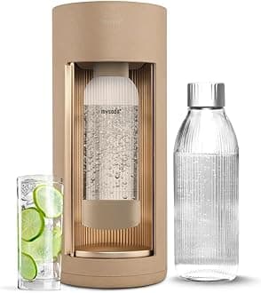 Mysoda: Glassy Water Carbonator Made of Wood Composite with 1 Litre Glass Bottle and BPA-Free 1 Litre Plastic Bottle (without CO2 Cylinder) - Latte