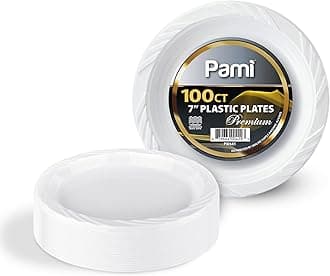 PAMI Premium Disposable Plastic Plates 7'' [Pack of 100]- White Party Plates For Dinner Desserts Appetizers- Heavy-Duty Microwavable Plates In Bulk For Any Occasion- Elegant Plastic Dinnerware Set
