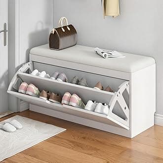 LITFAD Modern Shoe Storage Bench with Doors Entryway Shoe Bench with Cushion Seat Hallway Bench with Shoe Storage Cabinet Free Standing Hidden Shoes Organizer for Home - 20" L x 9" W x 18" H White