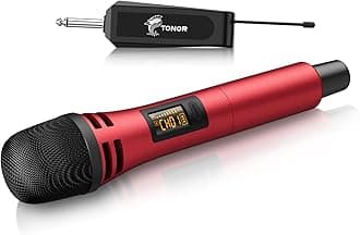 TONOR Wireless Microphones, UHF Cordless Handheld Dynamic Mics with 6.35mm Rechargeable Receiver, 60 m Range, 5 Adjustable Channels for Karaoke, Singing, DJ, Party, Speech, TW310, 1 Mic Red