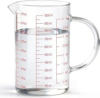 Glass Measuring Jug (1L, 4 Cup) for Kitchen or Restaurant, High Borosilica Material,Easy to Read