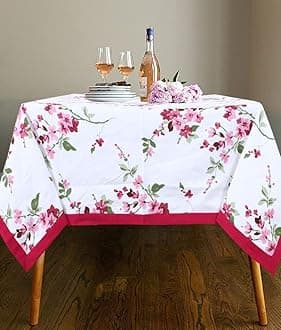 Cotton Dining Table Cover 4 Seater, 60 X 40 Inches Floral Design Rectangular Table Cloth for 4 Seater Dining Table, Pink and White with Piping