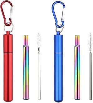 Foweroty 2 Packs Collapsible Stainless Steel Drinking Straws, Reusable Straws, Travel Retractable Straws with Aluminum Case, Cleaning Brush, and Keychains(Red&Blue), stretchable