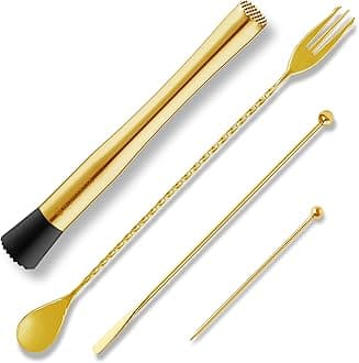 Homestia4PCS Double-Headed Muddler Set, 10 Inch 304 Stainless Steel Cocktail Muddler for Mojito and Fruit Drinks, Home Bar Tool Set of Bar Spoon Swizzle Stick Cocktail Pick Gold