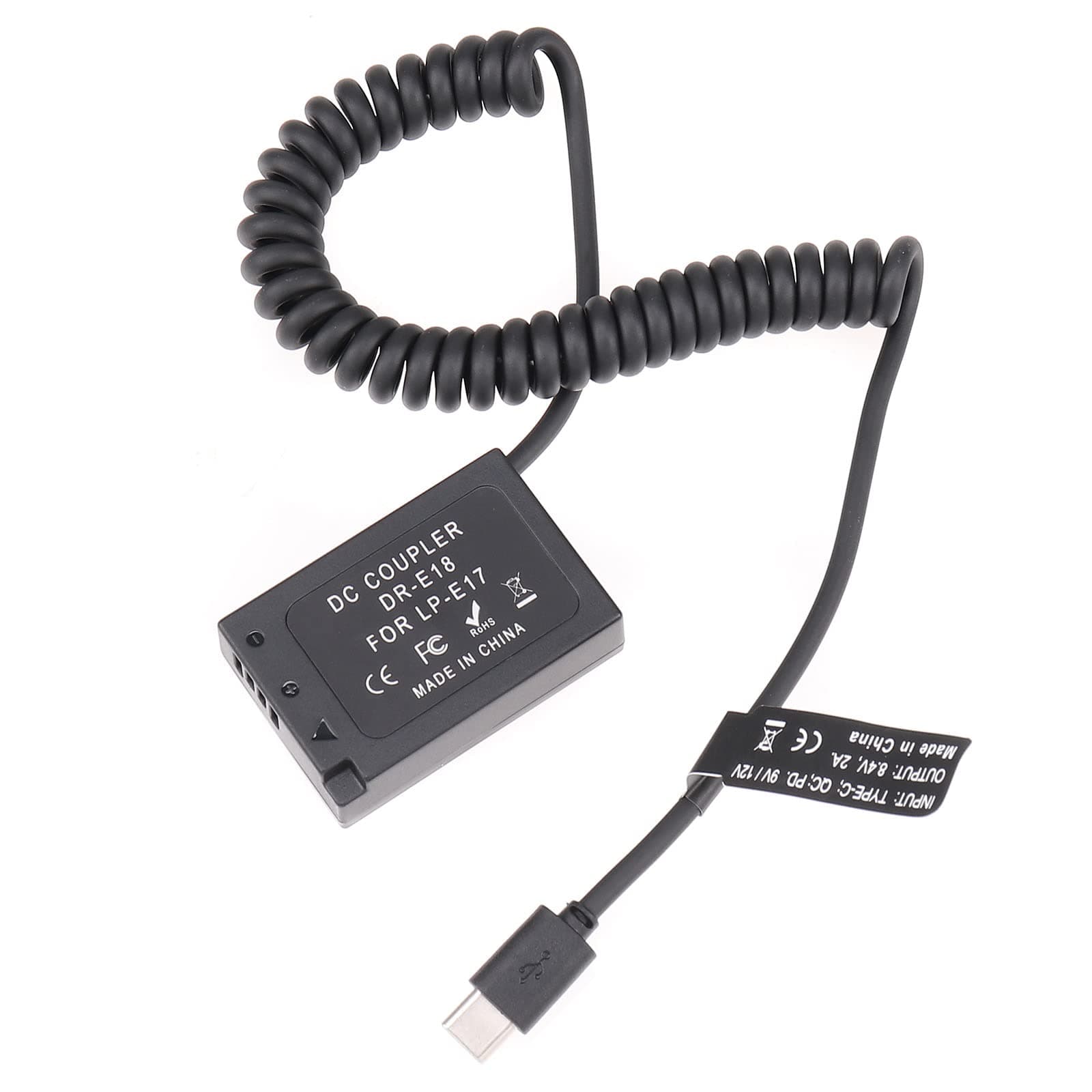 USB-C Type-C to Full Decoded LP-E17 Dummy Battery DR-E18 Coupler Power Adapte Spring Cable for Canon EOS R8 R10 RP 77D 200D Mark II 250D 750D 760D 800D 850D；Rebel T6i T6s T7i T8i SL2 Camera