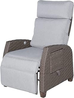 Grand patio Recliner Sunlounger Wicker Adjustable Position Backrest Armchair with Flip Table and Cushion Lounge Chair Sun Lounger for Garden, Patio, Outdoor - Light Gray Cushion & Light Brown Wicker