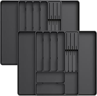 Lifewit2 Pack Cutlery Drawer Organiser for Kitchen, Expandable Cutlery Tray with Knife, Adjustable Utensil and Silverware Holder, Plastic Flatware Spoons Forks Storage Insert, Large, Black