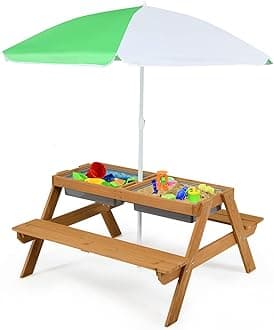 Costzon Kids Picnic Table with Sensory Bins, 4 in 1 Sand and Water Table with Height Adjustable Umbrella, Removable Tabletop for Outdoor Backyard Patio Play