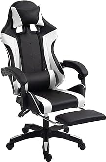 Gaming Chair Ergonomic Computer Chair Office Chair Desk Swivel Chair Adjustable Reclining Footrest Cushion White/Black New!