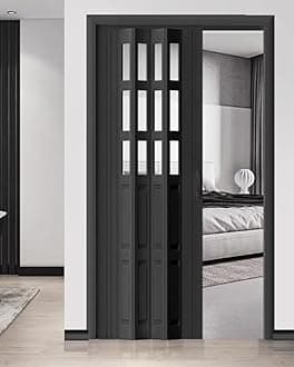 Concertina Door PVC & Acrylic Internal Foldable Gate - Custom Size, Accordion Door for Cupboard/Kitchen, Hallway Pantry Doorway Sliding Door with Handle(Black,76x80in(196x203cm))