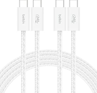 Belkin USB C to USB C Cable ​2-Pack, 6.6ft, 240W - Type C Charger, iPhone Charger Cord, Soft, Braided, Flexible for iPhone 16, Galaxy S25, Pixel 9, MacBook, Chromebook, iPad Pro, Switch – White​