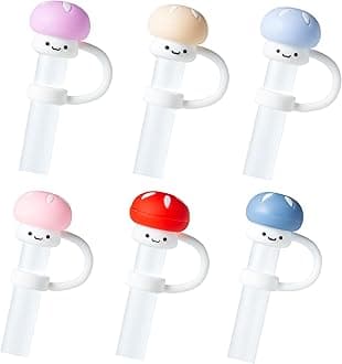 6Pcs Cute Mushroom Straw Cover Cap for Stanley Cup Decor, 10mm Reusable Cute Pink Drinking Straw Topper Accessories for, Portable Protector Plugs Decorations Gifts for Kids Party Favors