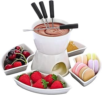 HomeZone 10pc White Ceramic Chocolate Fondue Set with Stainless-Steel Forks and 4 Half Moon Serving Dishes, Microwave and Dishwasher Safe Cheese Fondue Tealight Candle for Birthday Mother's Day Gift
