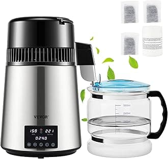 VEVOR 1.1Gal Water Distiller, 0.4Gal/H, Distilled Water Maker Machine 1750W 0-99H Timing Dual Temp Display, 304 Stainless Steel Countertop Distiller Glass Carafe Cleaning Powder 3 Carbon Packs, Silver