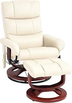 HOMCOM Massage Recliner Chair with Ottoman, Swivel Recliner and Footrest, Faux Leather Reclining Chair with Remote Control and Side Pocket, Cream White