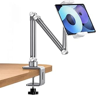 OATSBASF Phone and Tablet Holder Bed Gooseneck Mount, Aluminum Long Arm Foldable Lazy Stand, Universal 360 Degree Rotatable for iPhone, iPad, Tablet-Silver