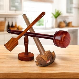 Set of 4 Wooden Cooking Spoon Wooden Special Masher/Dal/Lassi Ghotni (15x3.5 in), Wooden Special Hand Masher/Dal/Lassi Ghotni 13x3 in) (Only Massager Manufacturering)