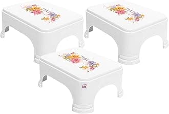 Floral Print 3 Pieces Plastic Bathroom Stool, White