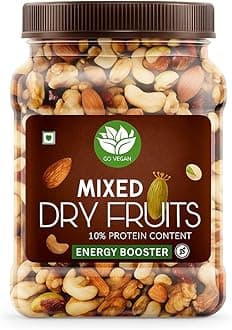 Go Vegan Healthy Nutmix 500gm, Dried Almonds, Black Raisins, Cashewnuts, Cranberries, Black Dates & Many More. (Jar Pack)