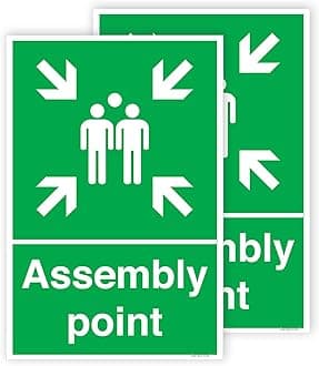 Pack of 2 Fire Signs Self Adhesive Waterproof Stickers (300 x 100 mm) Fire Assembly Point Sign Outdoor for Hospitals, Malls & Schools Sara Prints®